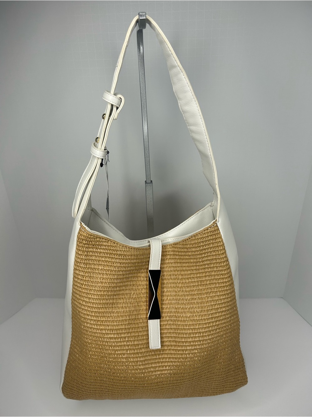 INC White Trim Straw-Front Shoulder Bag